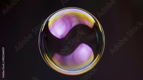 A Close-Up View of a Large, Shiny, Iridescent Soap Bubble Against a Dark Background with Purple and Yellow Hues Reflecting in the Bubble