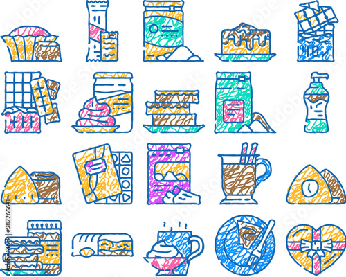 chocolate candy food dessert doodle icons set vector. sketch line art sweet bar cocoa, cacao delicious, snack tasty, eat dark, piece block, calorie chocolate candy food dessert color illustrations