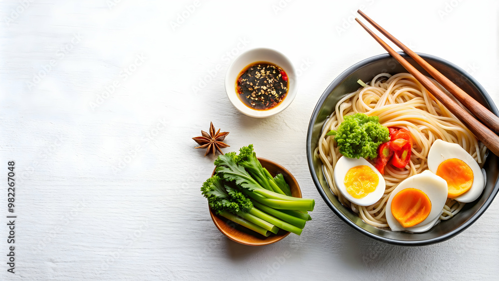 Traditional Japanese ramen ingredients on a white background, ramen, Japanese, traditional, food, ingredients, noodles, broth Traditional Japanese ramen ingredients on a white background, ramen, Japanese, traditional, food, ingredients, noodles, broth