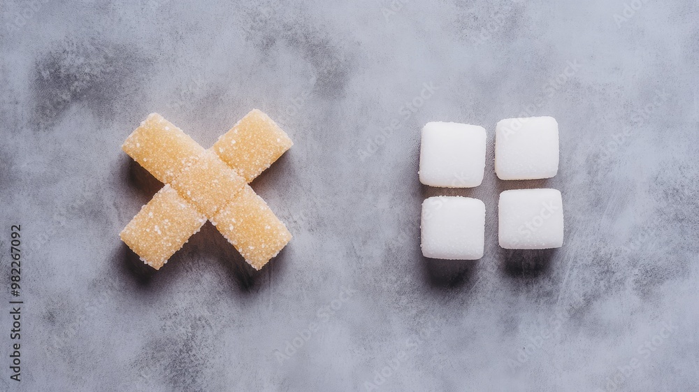 Brown and white sugar cubes arranged on gray surface Brown and white sugar cubes arranged on gray surface