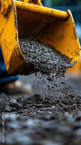 Excavator bucket unloading gravel on a construction site, showcasing heavy machinery in action and industrial landscape. photo