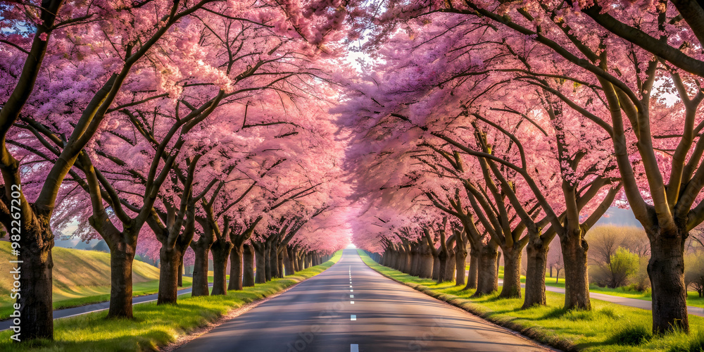Cherry blossom tree-lined deserted road, cherry blossoms, trees, road, nature, empty, serene, peaceful, spring, bloom Cherry blossom tree-lined deserted road, cherry blossoms, trees, road, nature, empty, serene, peaceful, spring, bloom