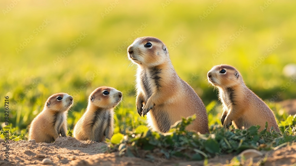 Adorable Baby Prairie Dog Standing with Family in the Golden Morning Sunlight on Vast Open Field Adorable Baby Prairie Dog Standing with Family in the Golden Morning Sunlight on Vast Open Field