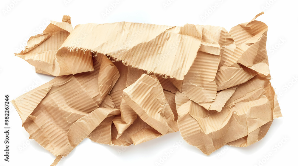 Close-Up of Crumpled Brown Cardboard Paper on a White Background, Showing its Texture and Wrinkles Close-Up of Crumpled Brown Cardboard Paper on a White Background, Showing its Texture and Wrinkles