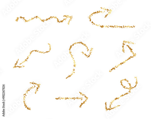 Collection vector of hand drawn golden arrows. Set of simple arrows isolated without background. Arrow icons. Arrow paint. Grunge brush paint
