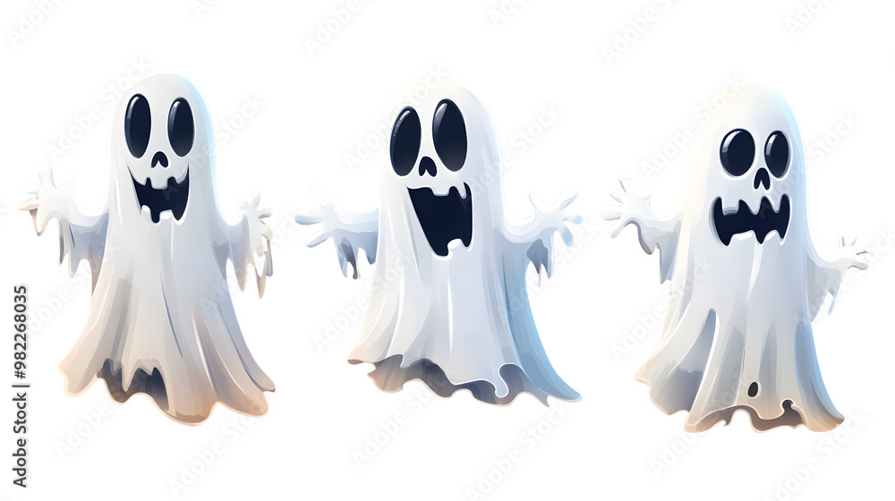 Set of scary cartoon Halloween ghost character on transparent background