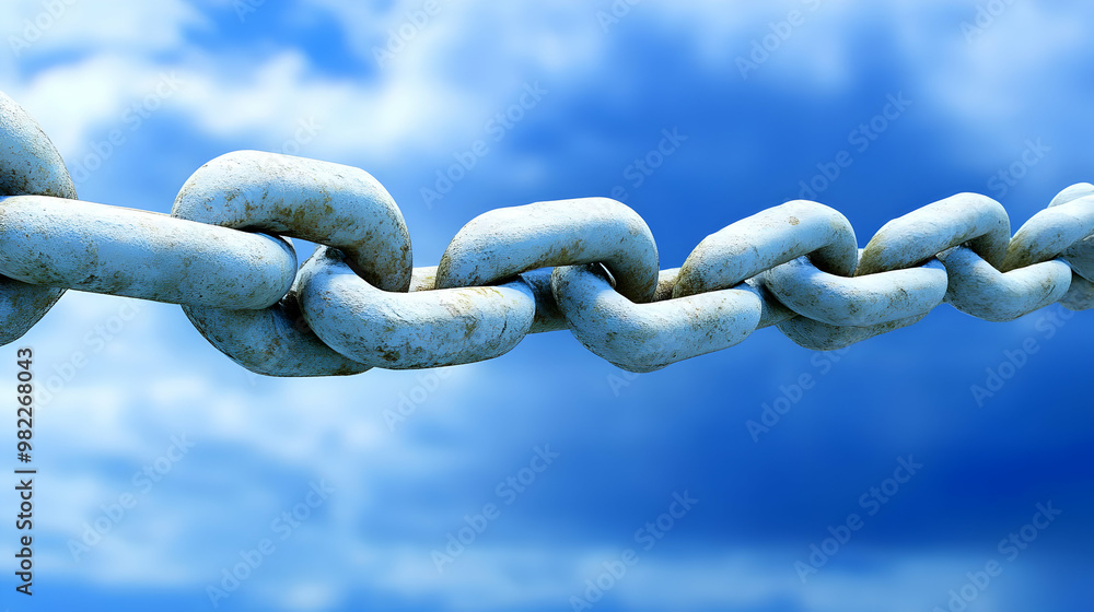 Close-up of a Rusty Chain Link Against a Cloudy Blue Sky, Symbolizing Strength and Connection Close-up of a Rusty Chain Link Against a Cloudy Blue Sky, Symbolizing Strength and Connection