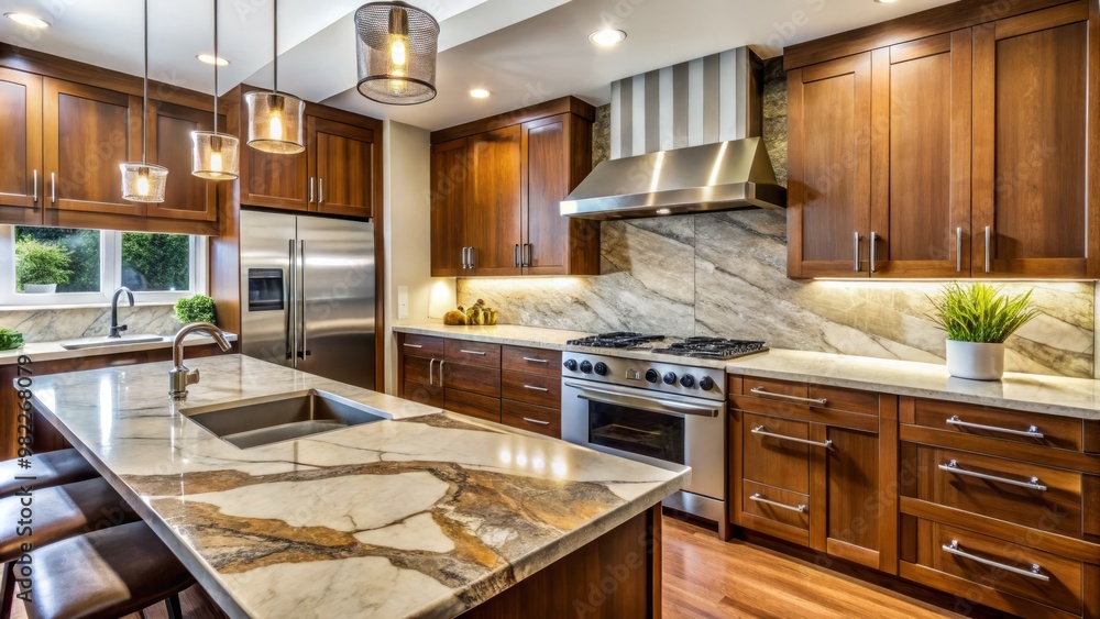 A premium kitchen space features warm and inviting brown quartz countertops, a stunning marble backsplash, modern A premium kitchen space features warm and inviting brown quartz countertops, a stunning marble backsplash, modern