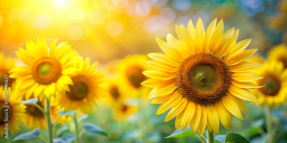 Obraz premium Close-up of vibrant yellow sunflowers with a soft, blurry background, Sunflowers, Close-up, Yellow, Vibrant, Flowers, Nature