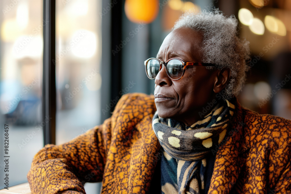 Elderly woman with grey hair and sunglasses is sitting in a cafe, enjoying a moment of reflection Elderly woman with grey hair and sunglasses is sitting in a cafe, enjoying a moment of reflection