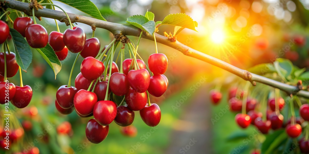 Ripe red cherry fruits on branch in orchard at dawn, cherry, fruit, ripe, red, branch, orchard, harvest, Prunus avium Ripe red cherry fruits on branch in orchard at dawn, cherry, fruit, ripe, red, branch, orchard, harvest, Prunus avium