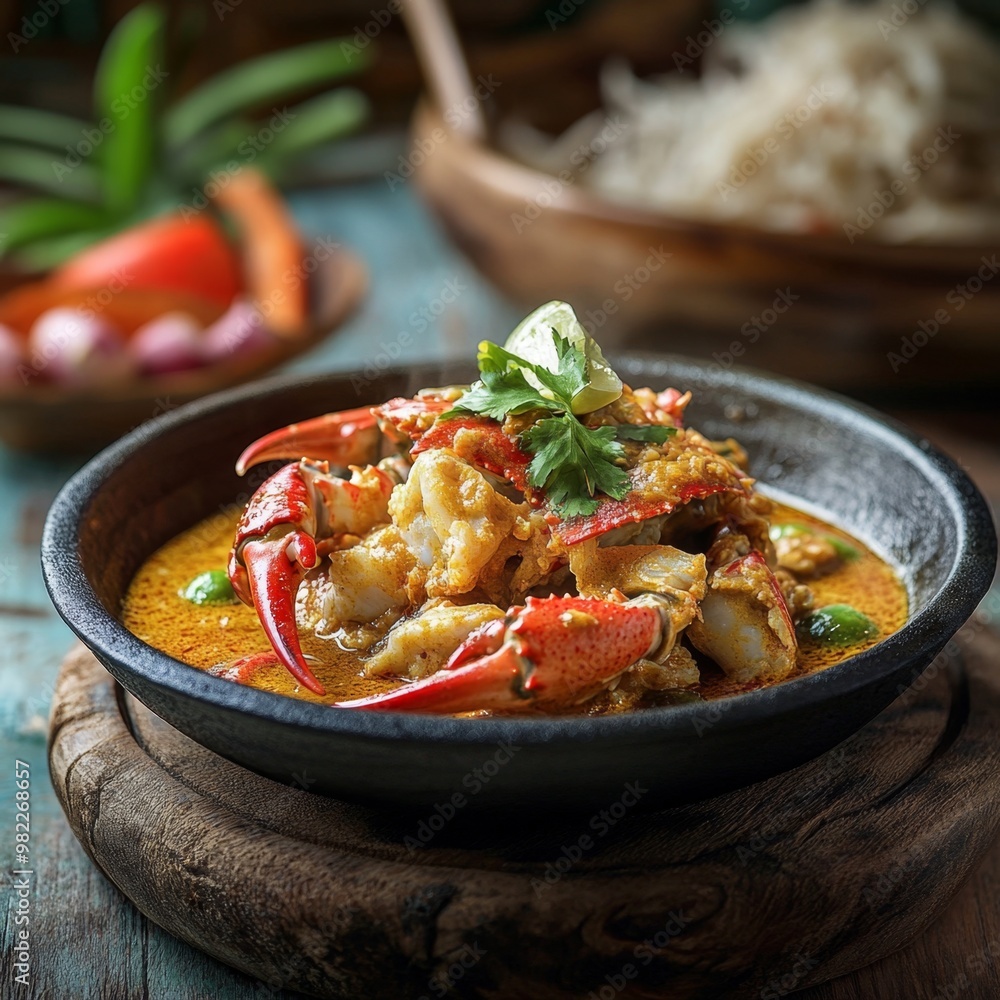 Fried crab in yellow curry. Thai restaurant menu. Fried crab in yellow curry. Thai restaurant menu.