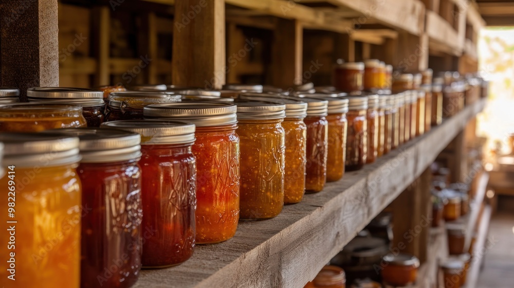 Jars of Homemade Preserves on a Rustic Shelf Jars of Homemade Preserves on a Rustic Shelf
