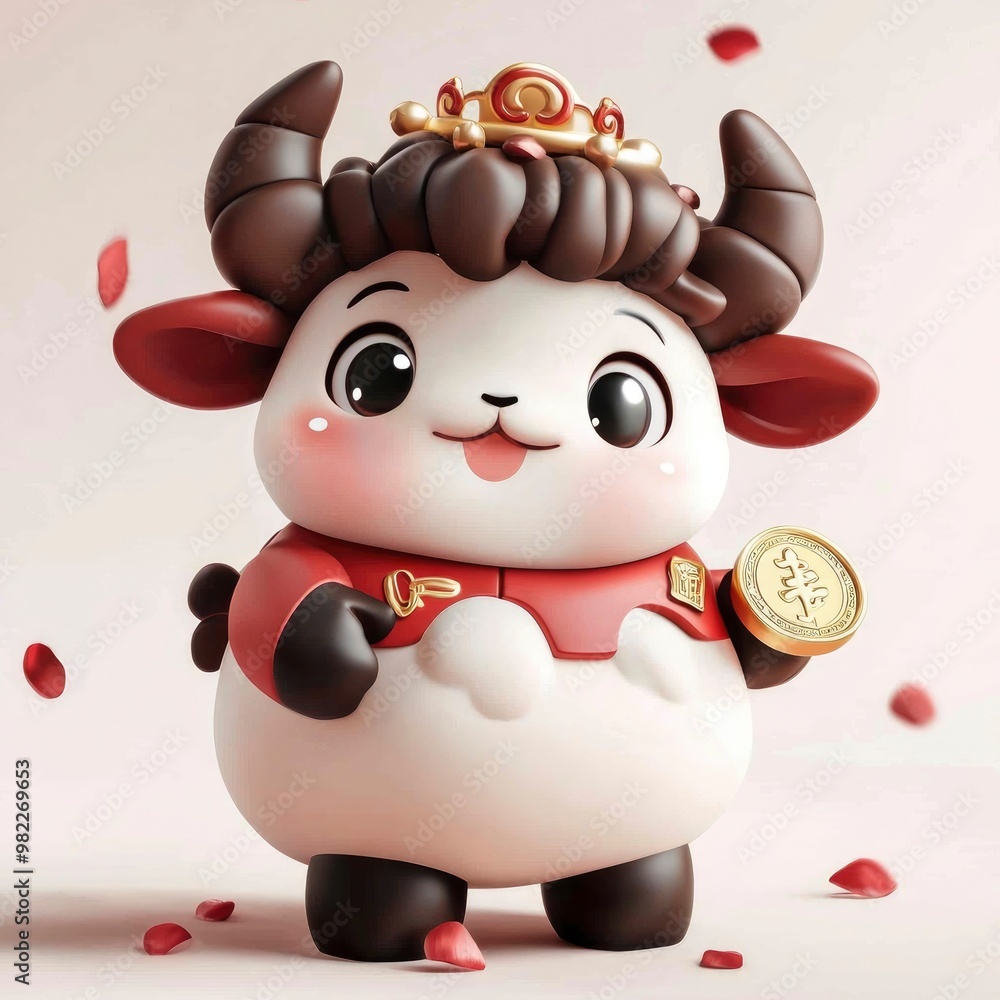 Cute Cartoon Ox in Red Outfit Holding a Gold Coin Cute Cartoon Ox in Red Outfit Holding a Gold Coin