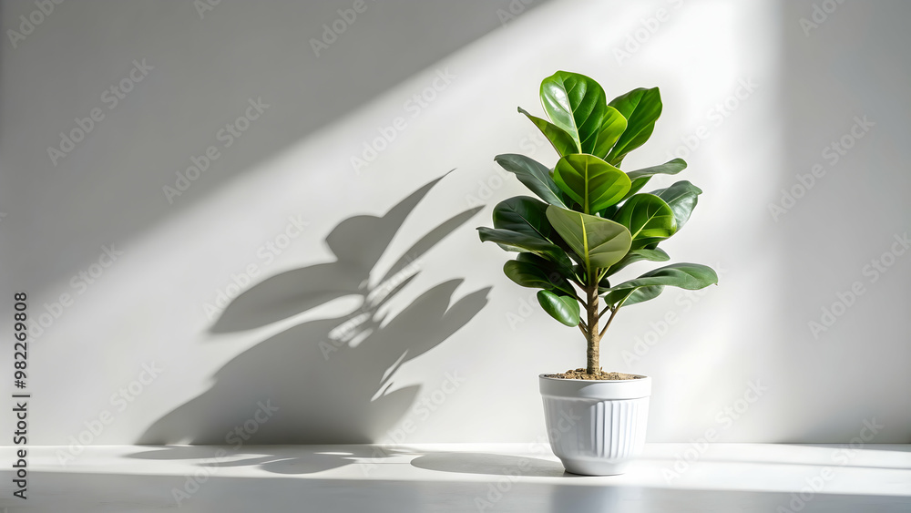 Ficus lyrata plant in pot casting shadows on a white background, Ficus lyrata, plant, pot, shadow, indoor plant Ficus lyrata plant in pot casting shadows on a white background, Ficus lyrata, plant, pot, shadow, indoor plant