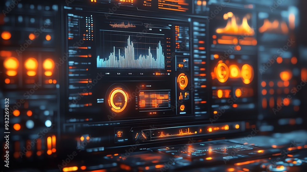 Futuristic digital interface with glowing orange and blue lights displaying data and graphs.