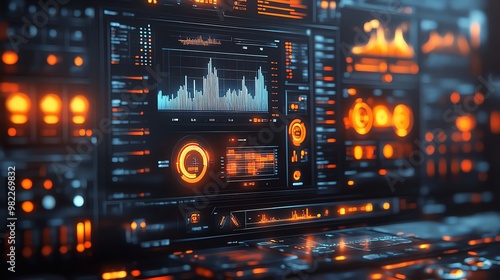 Futuristic digital interface with glowing orange and blue lights displaying data and graphs.