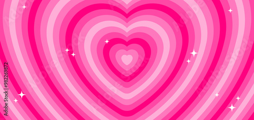 Aesthetic love tunnel hypnotic wallpaper with sparkles in bubblegum pink colors. Heart silhouette psychedelic background illustration. Vector 