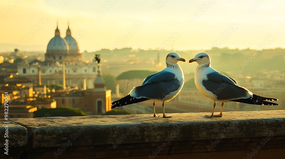 Two Seagulls Perched On A Wall with a City in the Background Two Seagulls Perched On A Wall with a City in the Background