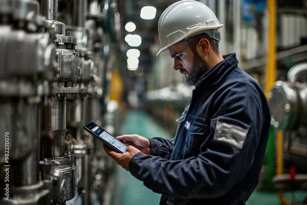 Technician wearing hard hat using digital tablet on shop floor in a factory. 