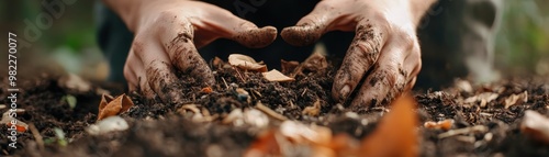 A person is planting in rich, dark soil with their hands, surrounded by leaves, emphasizing gardening and connection to nature.