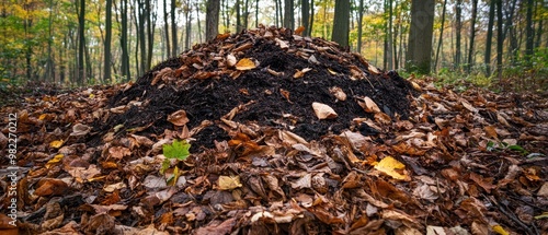 A mound of compost and fallen leaves in a forest setting, surrounded by trees showing autumn foliage. photo