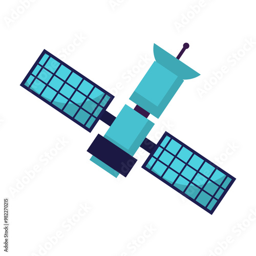 Blue satellite with two solar panels suitable for technology, space, and science concepts in educational materials, articles, or presentations