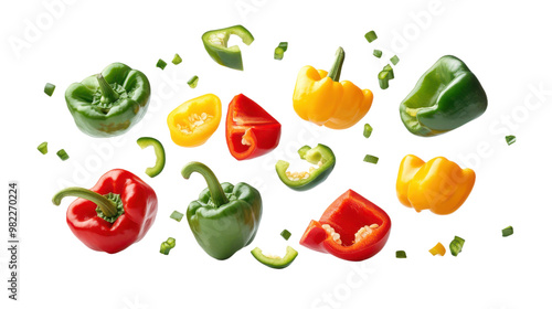 Falling Bell Peppers in Green, Yellow, and Red | Whole and Sliced Sweet Peppers Isolated on Transparent  Background