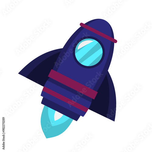 Blue rocket with red stripes, blue window, light blue flame ideal for space exploration, innovation, technology concepts in designs