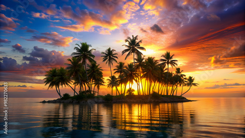 Tropical island bathed in warm sunset light, with palm trees silhouetted against a colorful sky , beach, ocean, tropical