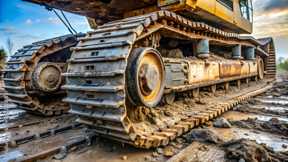 Dirty excavator undercarriage with tracks covered in mud and debris
