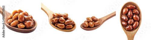 Delicious variety of glazed nuts in wooden spoons Transparent Background.