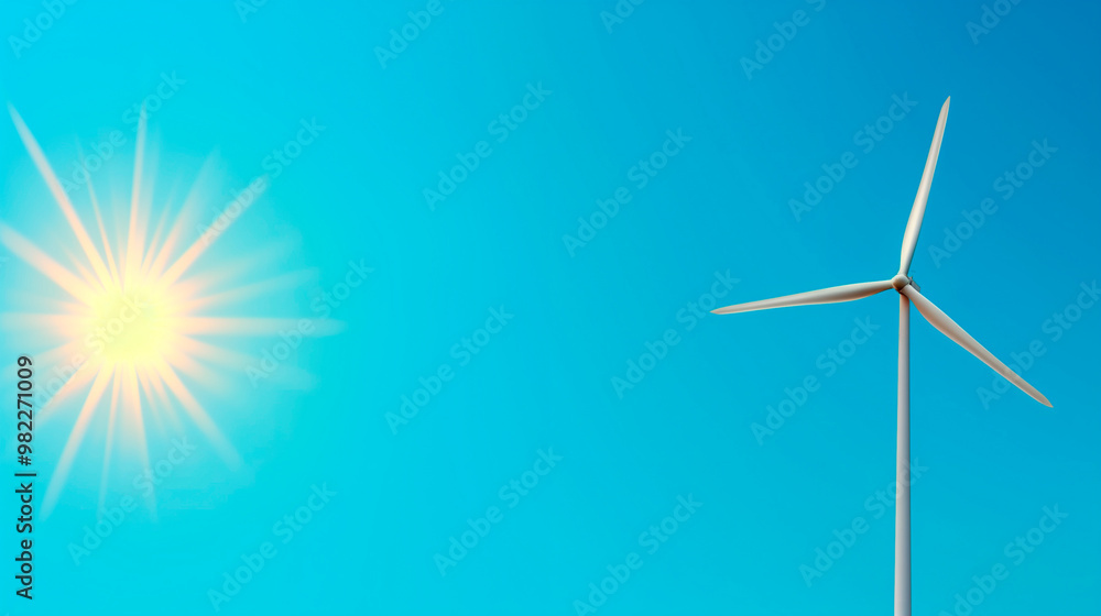 Wind turbine against clear blue sky with bright sun Wind turbine against clear blue sky with bright sun