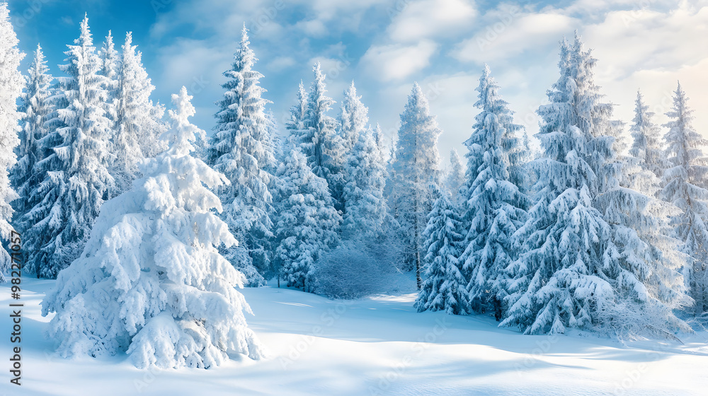 A serene winter landscape featuring snow covered evergreen trees under bright blue sky. tranquil scene evokes sense of peace and beauty in nature A serene winter landscape featuring snow covered evergreen trees under bright blue sky. tranquil scene evokes sense of peace and beauty in nature