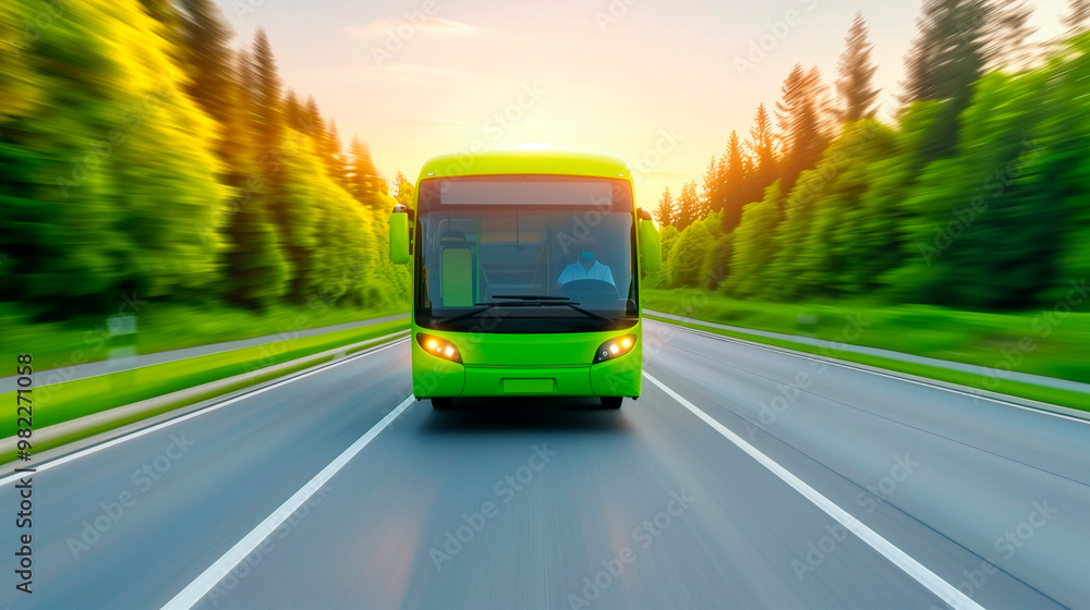 Fototapeta premium Green bus driving on a road through a forest at sunset