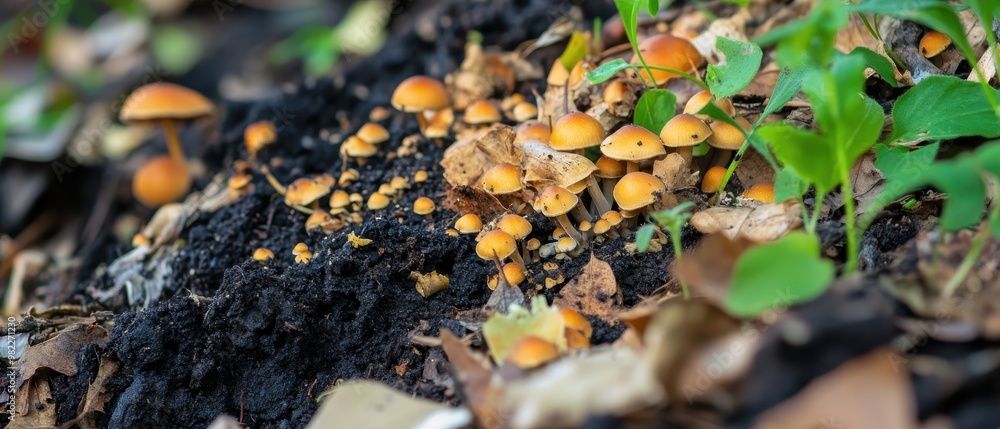 A cluster of small, orange mushrooms grows amidst damp soil and green foliage, showcasing the beauty of nature's biodiversity. A cluster of small, orange mushrooms grows amidst damp soil and green foliage, showcasing the beauty of nature's biodiversity.