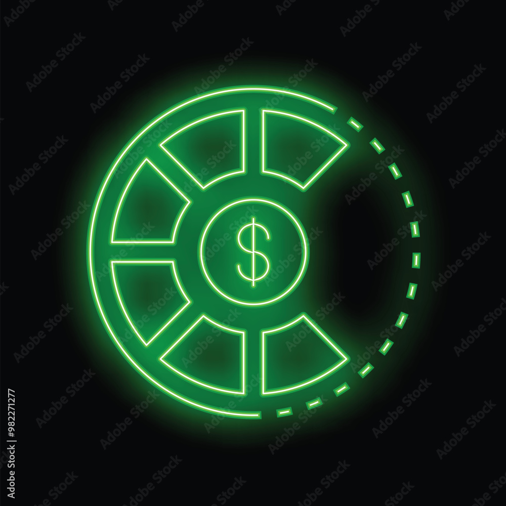 Neon green pie chart showing increasing profits with dollar sign icon on black background Neon green pie chart showing increasing profits with dollar sign icon on black background