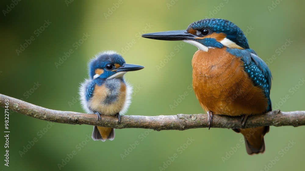 Fototapeta premium Adorable Baby Kingfisher with Parent on Riverside Branch in Soft Natural Light