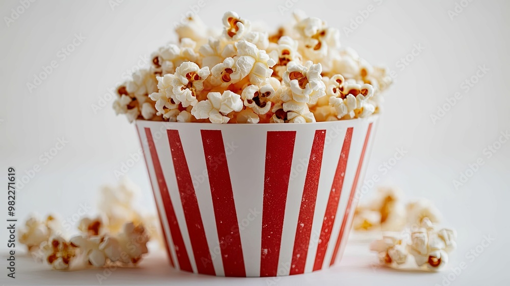 A Red and White Striped Popcorn Bucket Filled with Fluffy Popcorn A Red and White Striped Popcorn Bucket Filled with Fluffy Popcorn