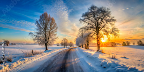 Snowy countryside panorama with road, trees, and sunrise , winter, landscape, snow, cold, trees, nature, outdoors, panoramic