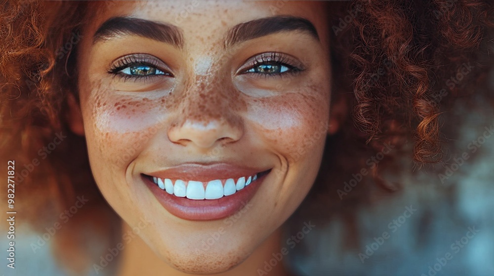 Close-up Portrait of a Smiling Woman with Freckles and Curly Hair Close-up Portrait of a Smiling Woman with Freckles and Curly Hair