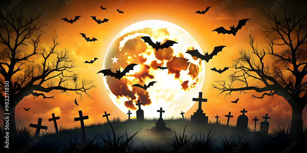 Halloween poster with bats flying around a graveyard, Halloween, bats, graveyard, spooky, eerie, creepy Halloween poster with bats flying around a graveyard, Halloween, bats, graveyard, spooky, eerie, creepy
