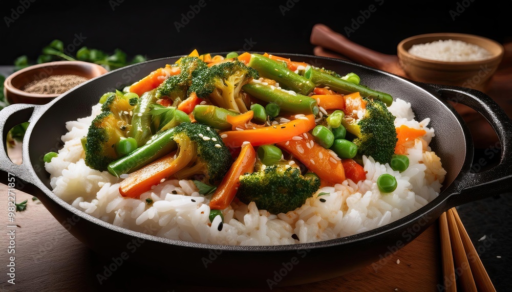 Delicious Asian Stir Fry with White Rice Broccoli Carrots Green Beans and Peas in Black Wok Delicious Asian Stir Fry with White Rice Broccoli Carrots Green Beans and Peas in Black Wok