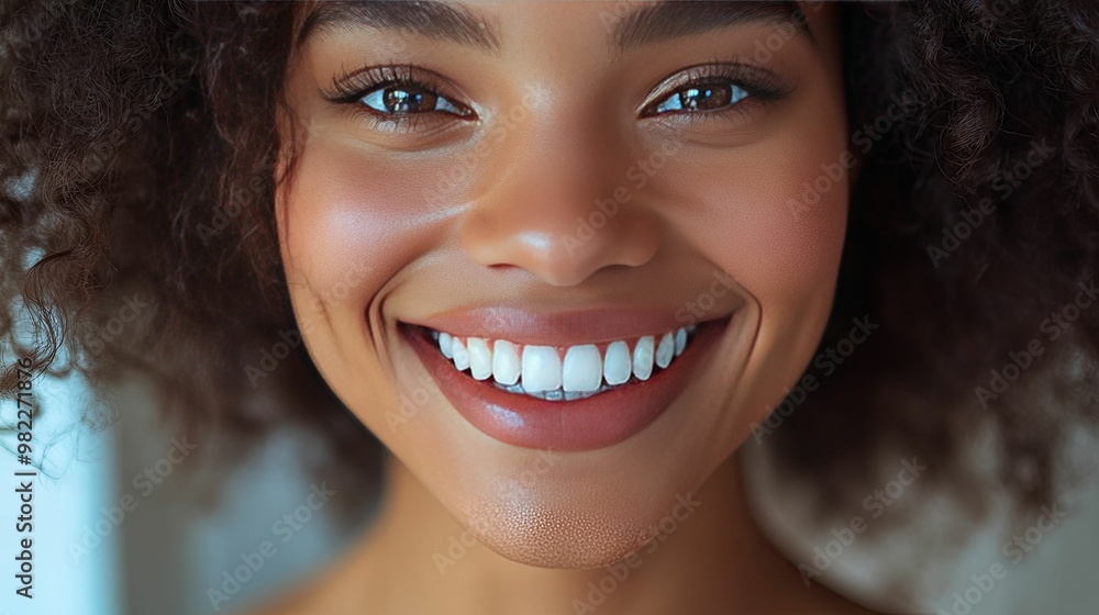 Close-up Portrait of a Smiling Woman with Curly Hair Close-up Portrait of a Smiling Woman with Curly Hair