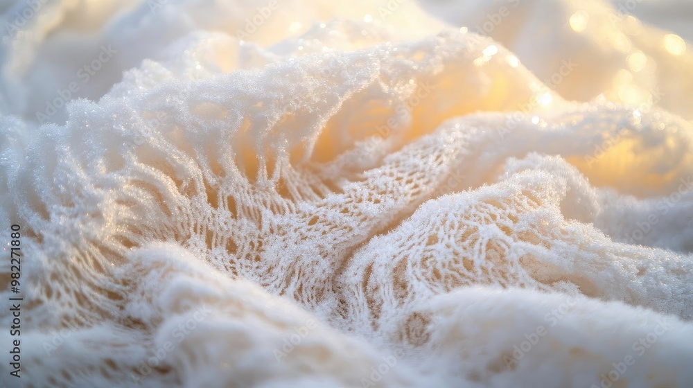 A close-up view of delicate, textured white foam, capturing the soft details and intricate patterns of nature's beauty. A close-up view of delicate, textured white foam, capturing the soft details and intricate patterns of nature's beauty.
