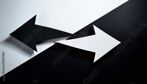 A visually striking image featuring contrasting black and white arrows pointing in opposite directions, symbolizing choice and divergence. photo