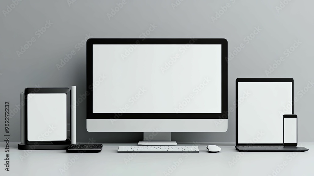 A Desktop Computer, Laptop, Tablet, and Smartphone with Blank Screens A Desktop Computer, Laptop, Tablet, and Smartphone with Blank Screens