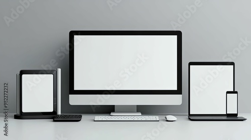 A Desktop Computer, Laptop, Tablet, and Smartphone with Blank Screens