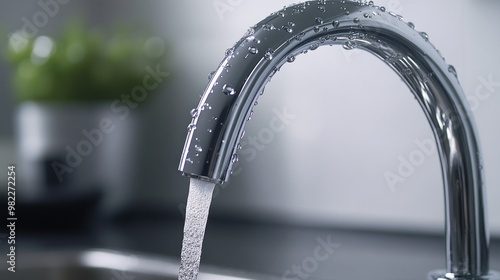 Close Up of a Chrome Faucet with Water Running photo