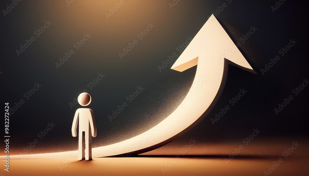 Obraz premium A figure stands before an upward arrow, symbolizing growth, aspiration, and progress against a dark background.